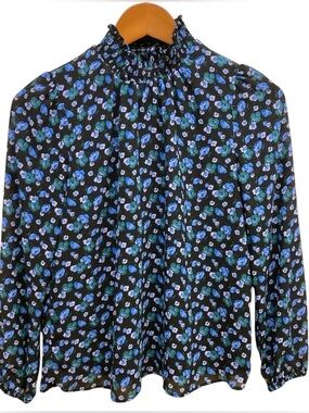 J. Crew Floral Smocked Neck Blouse - Blue Floral Print.